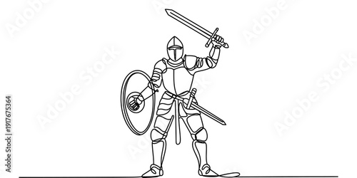 A black and white line drawing of a medieval knight in full armor holding a sword and shield.