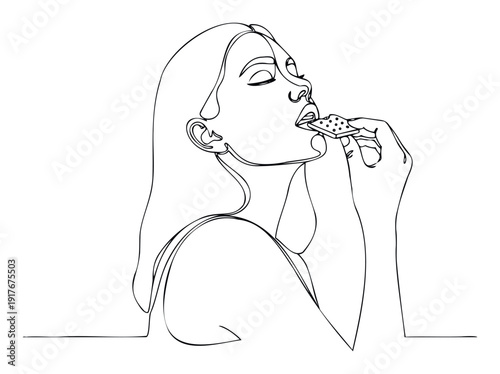 Minimalist continuous line drawing of a young woman passionately enjoying a sweet biscuit or cracker, perfect for health and wellness blogs, foodrelated promotions, or lifestyle social