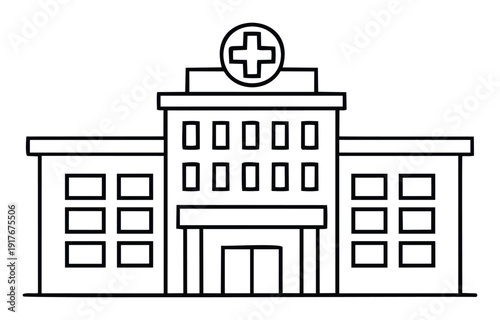 Minimalist line illustration of a modern hospital structure featuring a prominent medical cross, perfect for healthcare services promotion, informational graphics, and educational materials