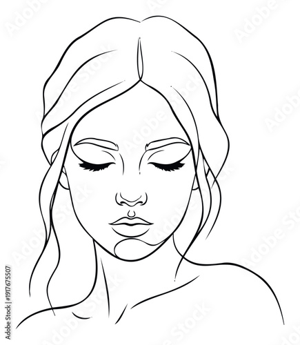 Simple black and white line drawing depicting a peaceful woman with her eyes closed, suitable for spiritual content, personal growth materials, or modern decor.