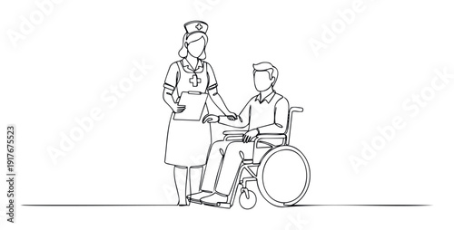 Dedicated nurse attending to a patient sitting in a wheelchair, offering compassionate care and professional assistance for medical and health service presentations.