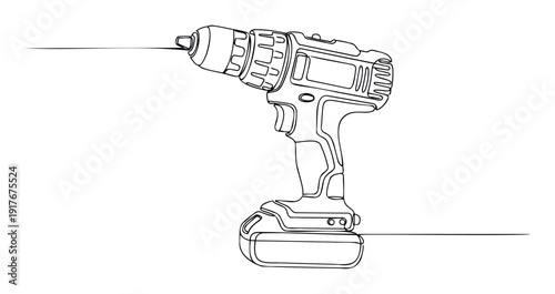 Cordless power drill depicted in a modern continuous line drawing style, perfect for home renovation advertisements, construction industry promotions, or DIY project guides