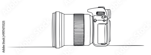 Minimalist single line drawing depicting a modern camera with an attached optic, perfect for photography themes and engaging visual content.