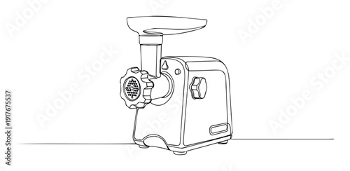 Minimalist single line drawing of an essential kitchen meat grinder machine, suitable for educational content, culinary industry presentations, or food product packaging design.