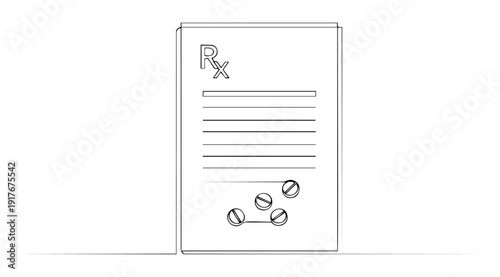 Continuous line drawing of a medical prescription form with Rx symbol and several oral pills for healthcare and pharmaceutical related content or presentations