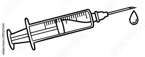 Simple outline drawing of a medical syringe with a needle and a drop of liquid, perfect for healthcare websites and public awareness campaigns about vaccines or treatments