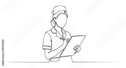 Professional nurse diligently taking essential notes on a clipboard with a pen, useful for medical education materials, healthcare communication, and administrative documentation.