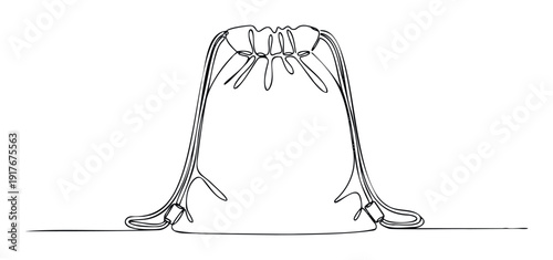 A minimalist continuous line drawing depicting a simple drawstring bag with cinched top and hanging cords, ideal for packaging, apparel, or casual accessory design applications.