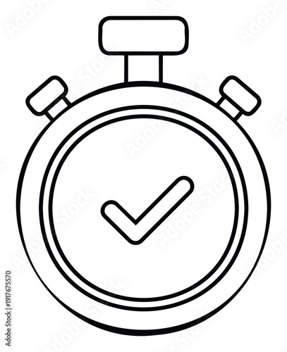 Black outline icon of a stopwatch featuring a prominent checkmark symbol, perfect for illustrating successful completion, timely performance, or efficient task management applications.