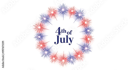 Patriotic 4th of July starburst icon. Includes red, white, and blue fireworks. Created in vector style with starry effects