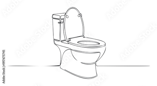 Sleek continuous line drawing of a modern toilet with an open lid and raised seat, ideal for plumbing service promotions or interior design layouts in commercial settings.