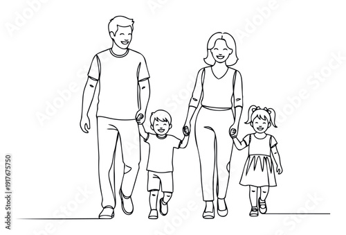 A joyful family of parents and their two young children, a boy and a girl, holding hands and walking together, embodying happiness and parental support for familyoriented content.