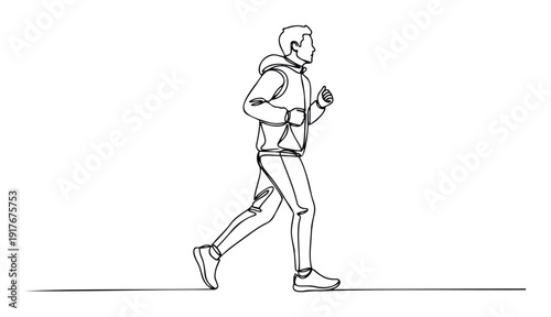Simple continuous line drawing of a young adult man jogging or running in profile, perfect for minimalist fitness advertisements or active lifestyle health campaign materials.