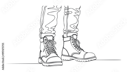Continuous line drawing of legs wearing cuffed jeans and sturdy combat boots, perfect for modern lifestyle projects, fashion blogs, or clothing store promotional materials