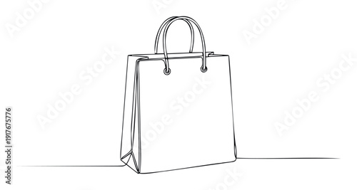 Simple minimalist continuous line drawing of a shopping bag, perfect for illustrating concepts of retail, commerce, gifts, and promotions in various marketing and branding materials.