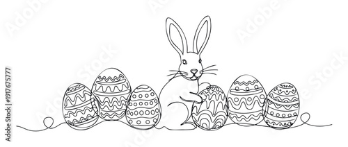 A charming continuous line drawing of an Easter bunny surrounded by various decorative eggs, perfect for spring holiday greetings, childrens event invitations, or festive seasonal decor.
