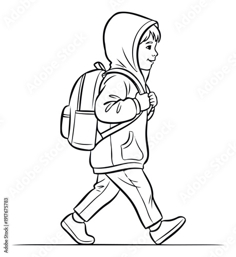 A happy young child wearing a hooded sweatshirt and backpack walks with purpose, suitable for educational content, childrens publications, or advertisements for school readiness programs.