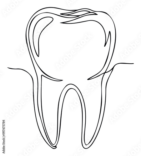 A minimalist single line drawing of a human tooth representing dental health and oral care, suitable for dentistry advertisements, educational materials, and healthcare promotions.