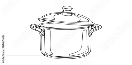 A minimalist single line drawing of a kitchen cooking pot with a lifted lid, perfect for culinary blogs, recipe websites, and cooking class promotions.