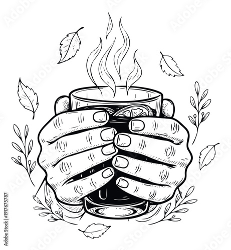 Cozy hands holding a warm steaming cup of tea with a lemon slice and falling autumn leaves evoke feelings of comfort, perfect for seasonal beverage promotions or lifestyle blogs.