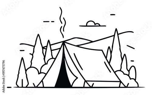Outdoor camping experience with a pitched tent surrounded by trees and mountains featuring a simple and modern line drawing style for travel and nature themed designs