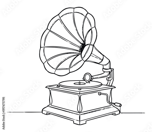 A classic vintage gramophone black outline drawing captures the essence of early music playback technology perfect for historical documents and music industry graphics