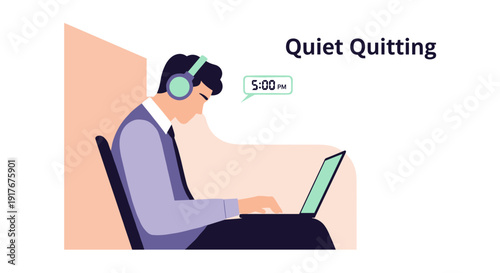 An employee wearing headphones diligently works on a laptop, observing the clock as it approaches five o'clock, symbolizing the concept of quiet quitting.