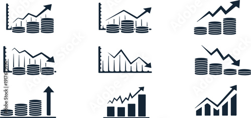Financial growth icons with charts and coins