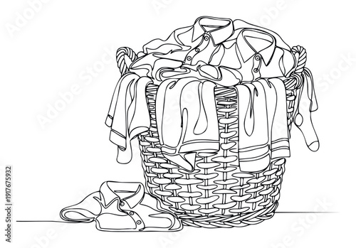 A continuous line drawing presents a laundry basket overflowing with mixed clothes, including shirts, towels, and socks, with a folded shirt lying next to it, representing daily chores,