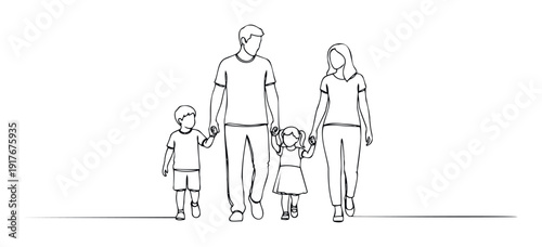 Happy family of a mother, father, son, and daughter strolling together depicting strong family values and companionship for parenting and relationship content.