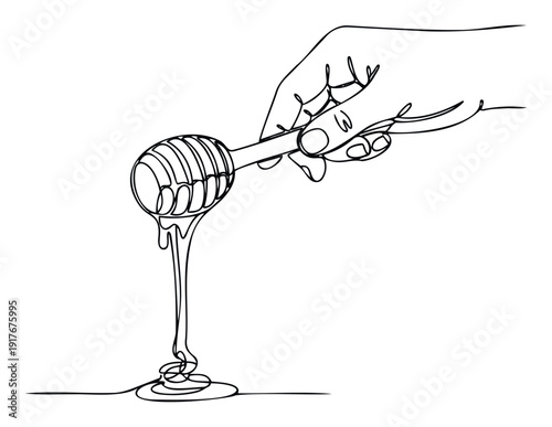 Elegant oneline drawing depicting a human hand holding a classic honey dipper with sticky liquid pouring down, perfect for branding sweet products, kitchen utensil promotions, or health