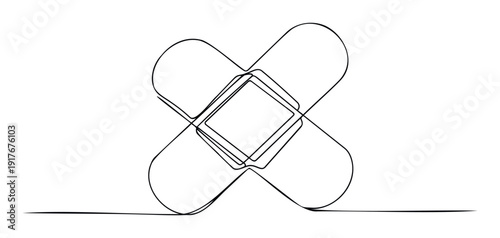 A simple continuous line drawing illustrating two crossed bandaids symbolizing healing and care, perfect for health awareness, medical safety, and healthcare service promotions.