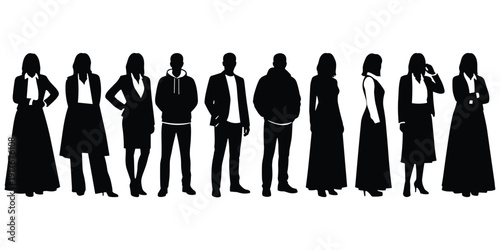 Diverse group of standing male and female silhouettes in various outfits people