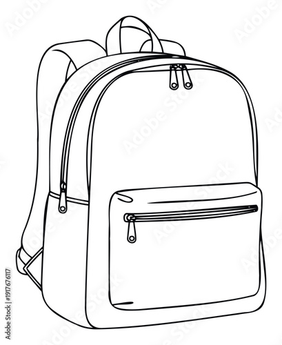 Clean line drawing of a versatile backpack featuring multiple zippered compartments and comfortable shoulder straps, perfect for educational materials, travel gear, or daily essentials.