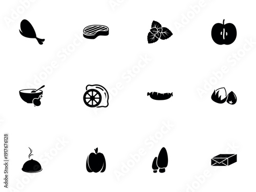 Diverse Set of Black Silhouette Icons Representing Various Food and Cooking Ingredients