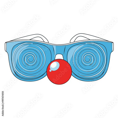 Red Nose Glasses with Blue Frames Featuring Hypnotic Spiral Lenses a Classic Humorous Accessory for Playful Themes