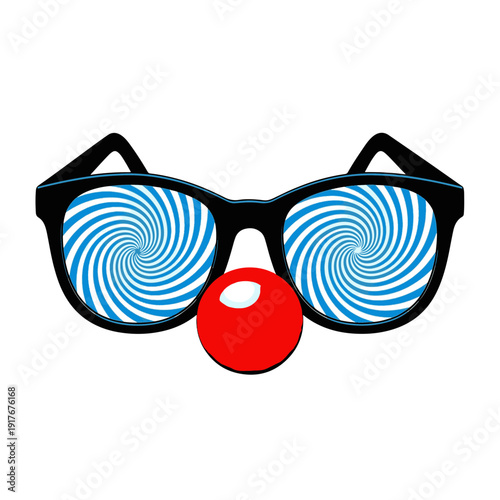 Red Nose and Black Eyeglasses Featuring Captivating Blue and White Hypnotic Swirl Patterns for a Fun Disguise