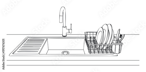 A black and white line drawing depicting a complete kitchen sink area with a modern faucet and a dish rack filled with plates and cutlery, perfect for illustrating domestic scenes and home
