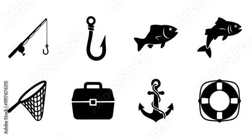 Collection of black silhouette icons representing essential fishing equipment, marine gear, nautical accessories, and aquatic life illustrations for outdoor recreation.