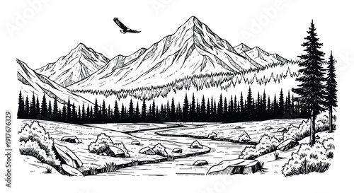 Rustic nature landscape with majestic mountain peaks, dense evergreen forest, winding river, and a soaring eagle, perfect for outdoor adventure graphics and travel publication accents