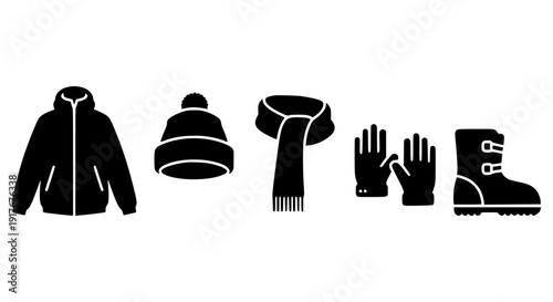 Essential black silhouette icons depicting a complete set of cold weather winter gear including a hooded jacket, knit beanie, fringed scarf, pair of gloves, and heavy duty boot.