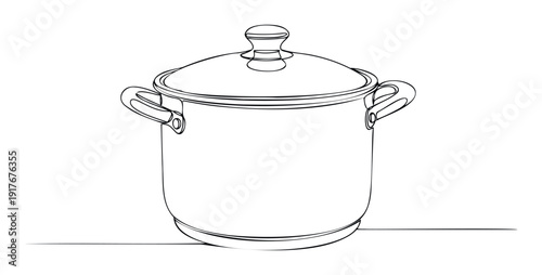 A simple line drawing of a cooking pot with a lid and handles, ideal for kitchenware catalogs, recipe books, or minimalist culinary branding projects.