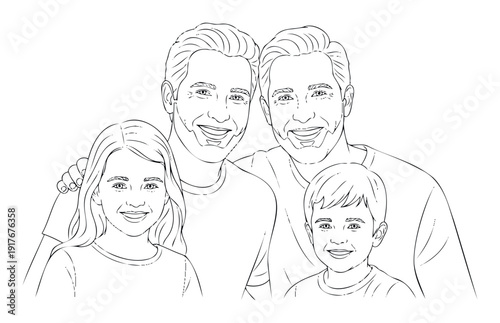 Happy modern family portrait with two smiling fathers and their two children perfect for promoting family values and diverse parenting representation