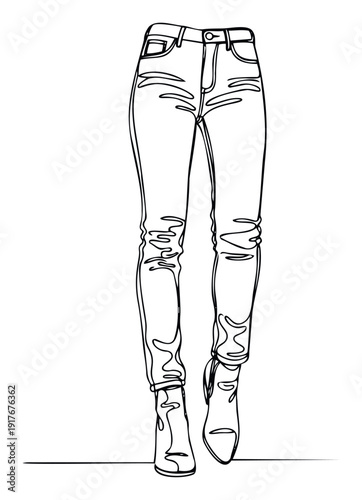 Simple continuous line drawing depicting a womans lower body wearing stylish jeans and boots, perfect for contemporary apparel promotions and graphic design resources
