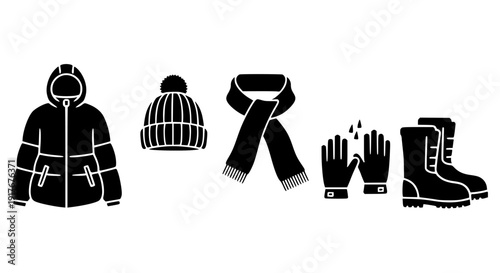 Essential black silhouette icons representing necessary winter clothing gear including a puffy parka, knitted beanie, thick scarf, protective gloves, and sturdy snow boots.