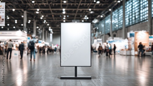 Blank vertical easel poster in modern indoor event space with blurred exhibition backdrop, ideal for conference signage, business presentation, or commercial promotional mockup.