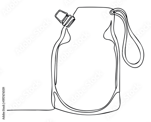 Simple continuous line drawing of a flexible plastic spout pouch with a convenient handle, ideal for modern packaging solutions, product concepts, or health and travel liquid containers.