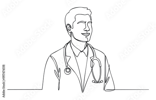 A professional continuous line drawing of a smiling male doctor wearing a lab coat and a stethoscope, perfect for healthcare marketing, medical presentations, and wellness informational