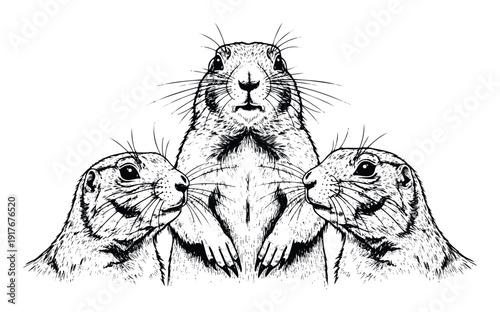 Three alert prairie dogs huddle together, curiously observing their surroundings, making an engaging visual for nature conservation, wildlife education, and animalthemed publications.