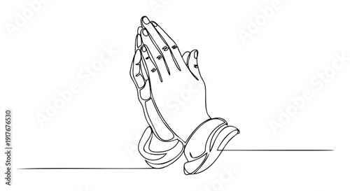 A unique continuous line drawing of two hands clasped in prayer, perfect for conveying spirituality, hope, and peace in various religious, wellness, and inspirational media.